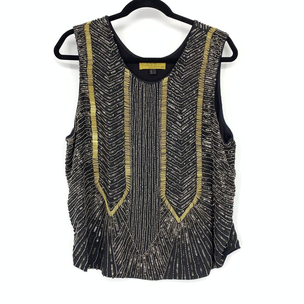 Nicole Miller Top Womens L Black Gold Sequin Beaded Art Deco Gatsby Sleeveless